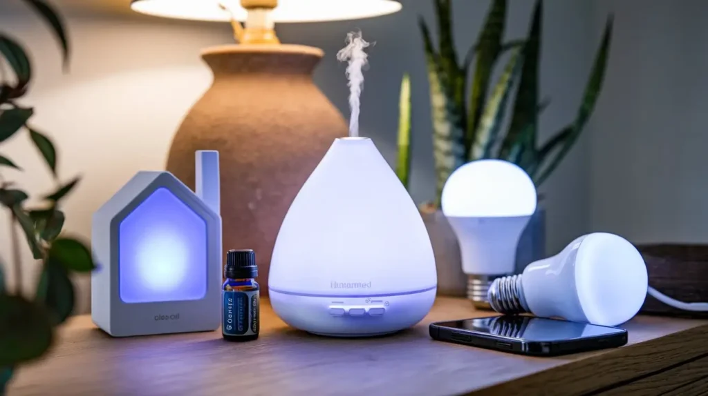 L'image montre des diffuseurs d'huiles essentielles, des ampoules LED connectées et un flacon d'huile.