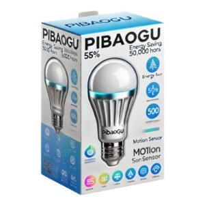 Ampoule LED intelligente PIBAOGU avec capteur de mouvement : Cette balise alt fournit une description claire et concise du produit. Boîte d'emballage d'une ampoule LED à économie d'énergie PIBAOGU avec capteur de mouvement : Cette option est plus détaillée et précise sur le type de produit et son emballage. Produit PIBAOGU : ampoule LED à économie d'énergie avec capteur de mouvement, offrant 50 000 heures de durée de vie : Cette balise alt met en évidence les caractéristiques clés du produit.