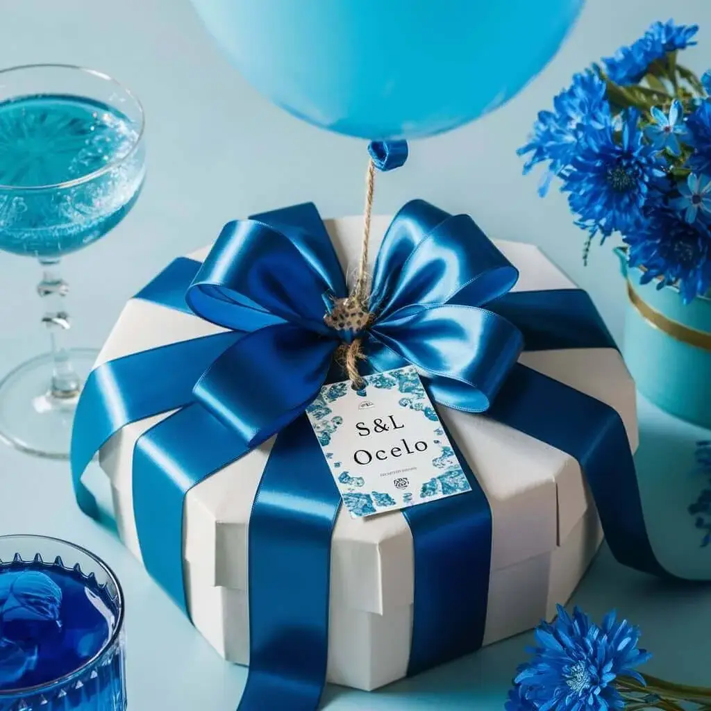 L'image montre un coffret cadeau décoré avec un ruban bleu et une étiquette portant le nom "S&